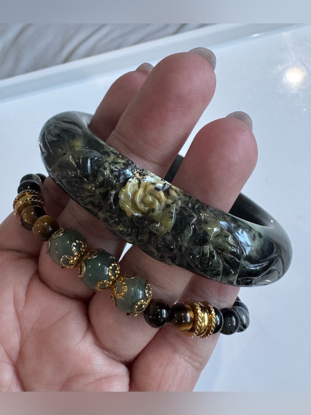 Hand-Carved Green natural serpentine Bangle with Matching Beaded Bracelet Set